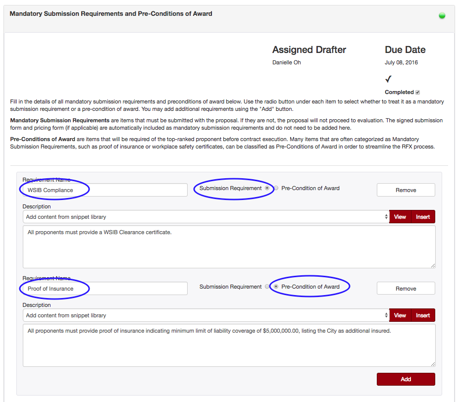 Mandatory Submission Requirements Pre Conditions Of Award RFx 